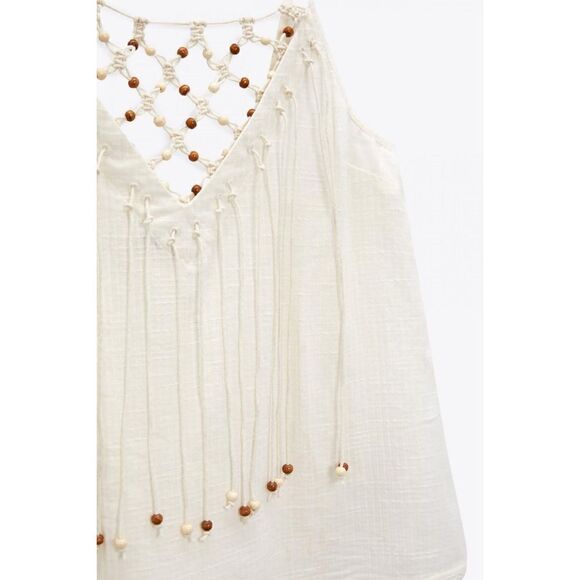 NWT Zara Beaded Macrame Knot & Fringe Cotton V-Neck Top in Ecru, Size XS - Picture 9 of 15